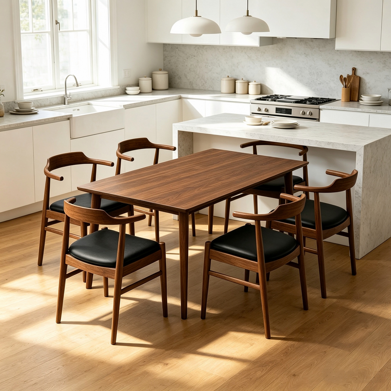 Levi Mid‑Century Solid Wood Dining Table Set, 86" Rectangular Kitchen Dining Table with 6 Pcs Leon PU Leather Dining Chairs, Modern Wood Dining Room Furniture Set for Home Kitchen, photo 9 of 10