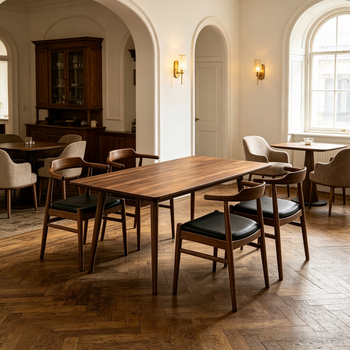 Mary Modern Style Solid Wood Rectangular Dining Kitchen Table and 4 PCS PU Leather Dining Chair
