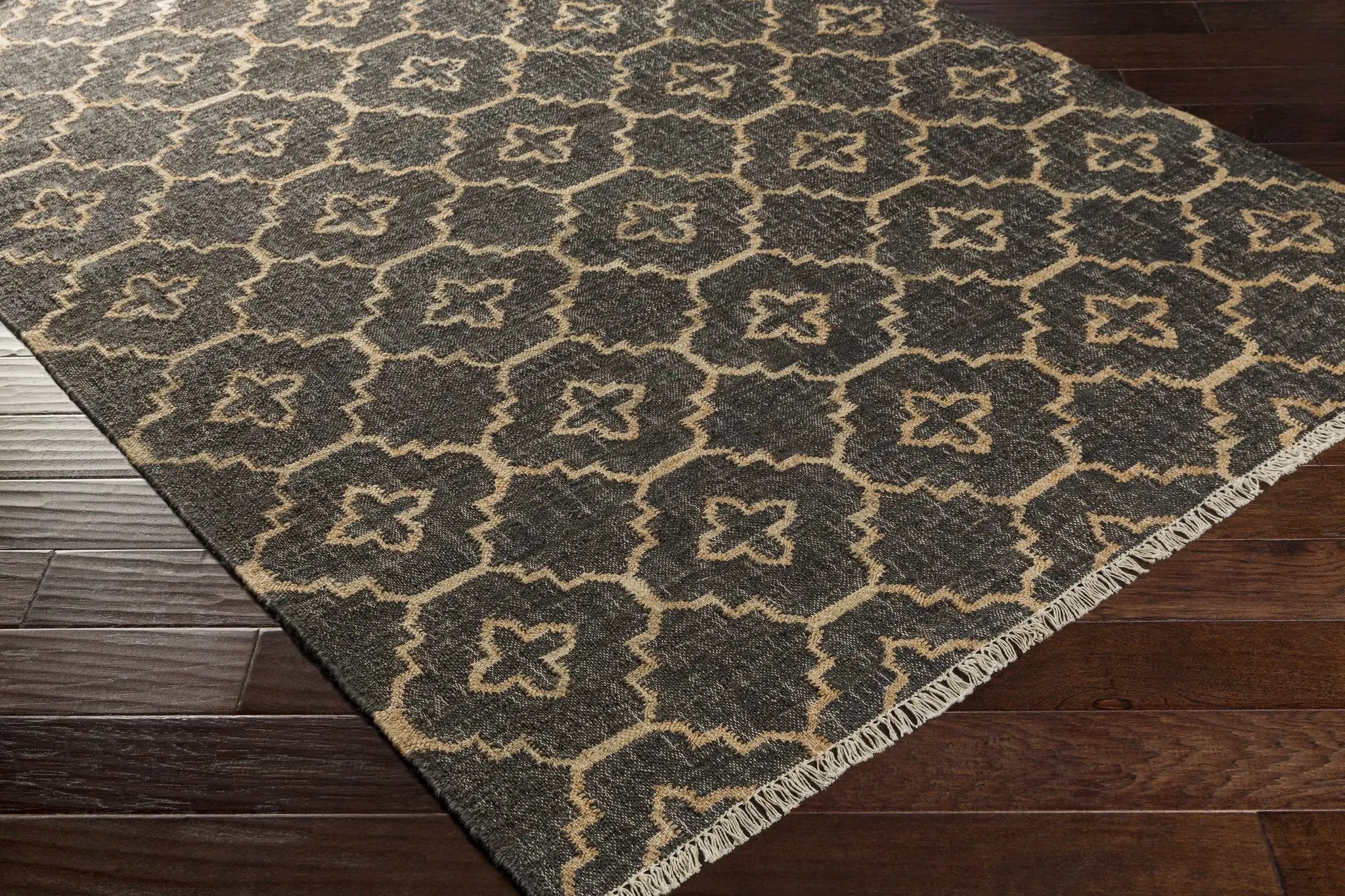 Astoria Black&Tan Trellis Fringed Jute Carpet - Clearance by Boutique Rugs