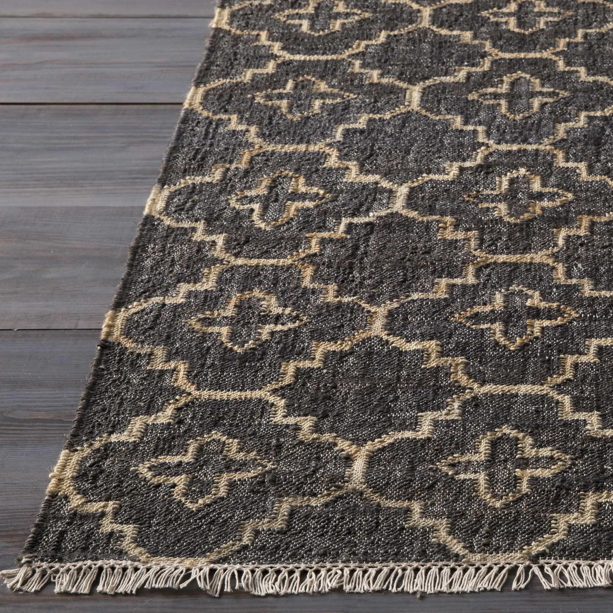 Astoria Black&Tan Trellis Fringed Jute Carpet - Clearance by Boutique Rugs