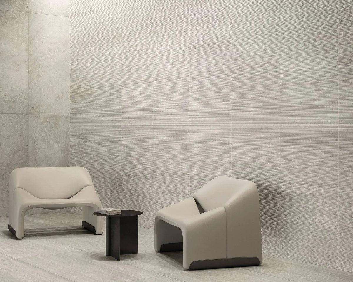 Veneer World Atelier Trail Bamboo Vein Cut Grey Travertine Look Porcelain Accent Tiles 12x24 by landmarkceramics