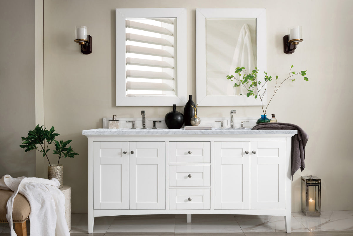 James Martin Palisades 72" Double Bathroom Vanity, Bright White with Carrara White countertop
