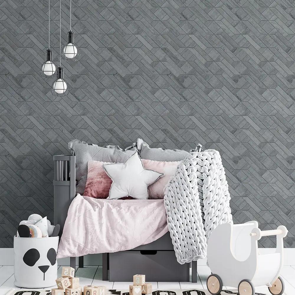 Athens Grey Dark, Atelier Grey Light Honed Desing Bm 101 Waterjet Marble Mosaics 4x7 1/2 room scene