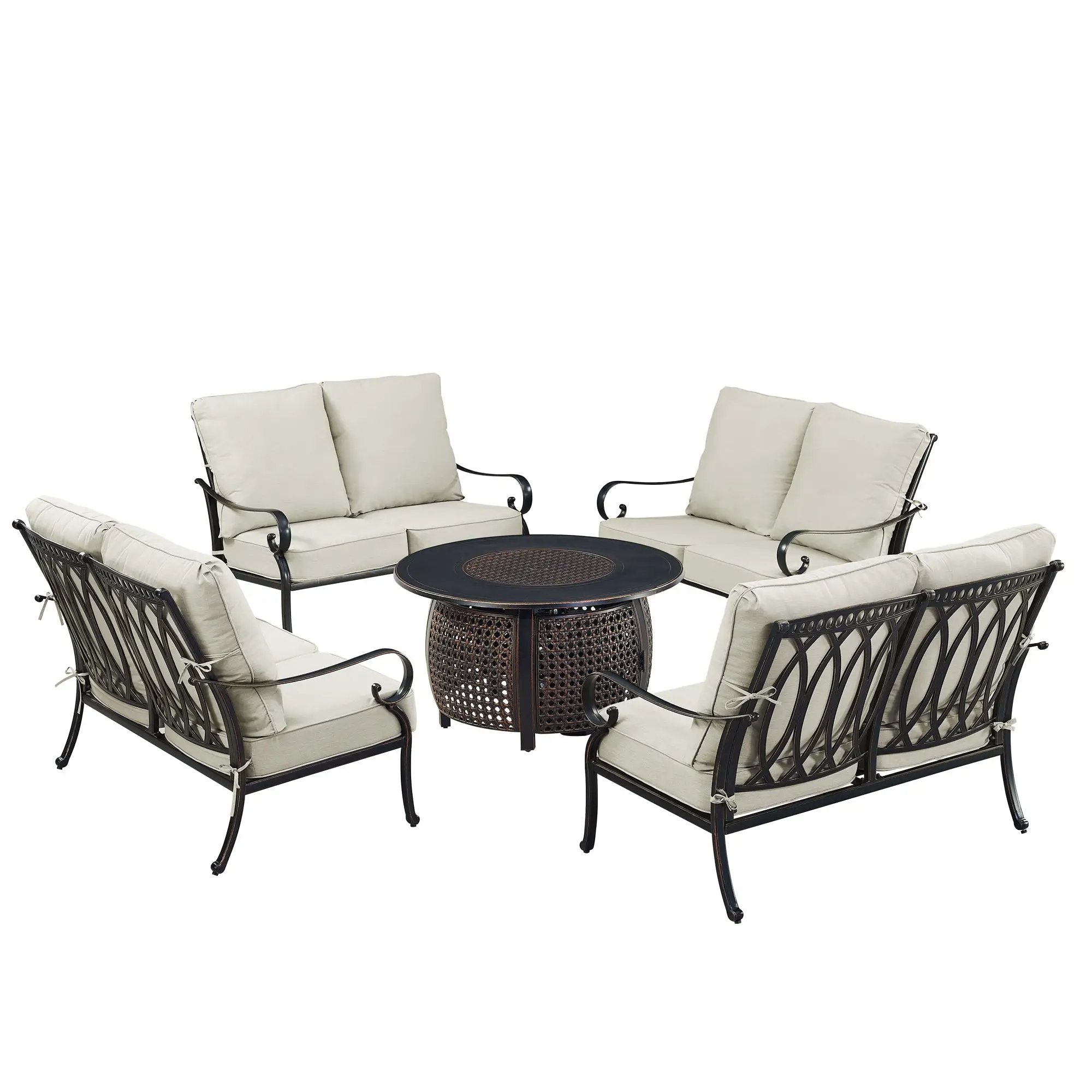 Black Aluminum Fire Table Set with Four Deep Seating Loveseats by Sharicks