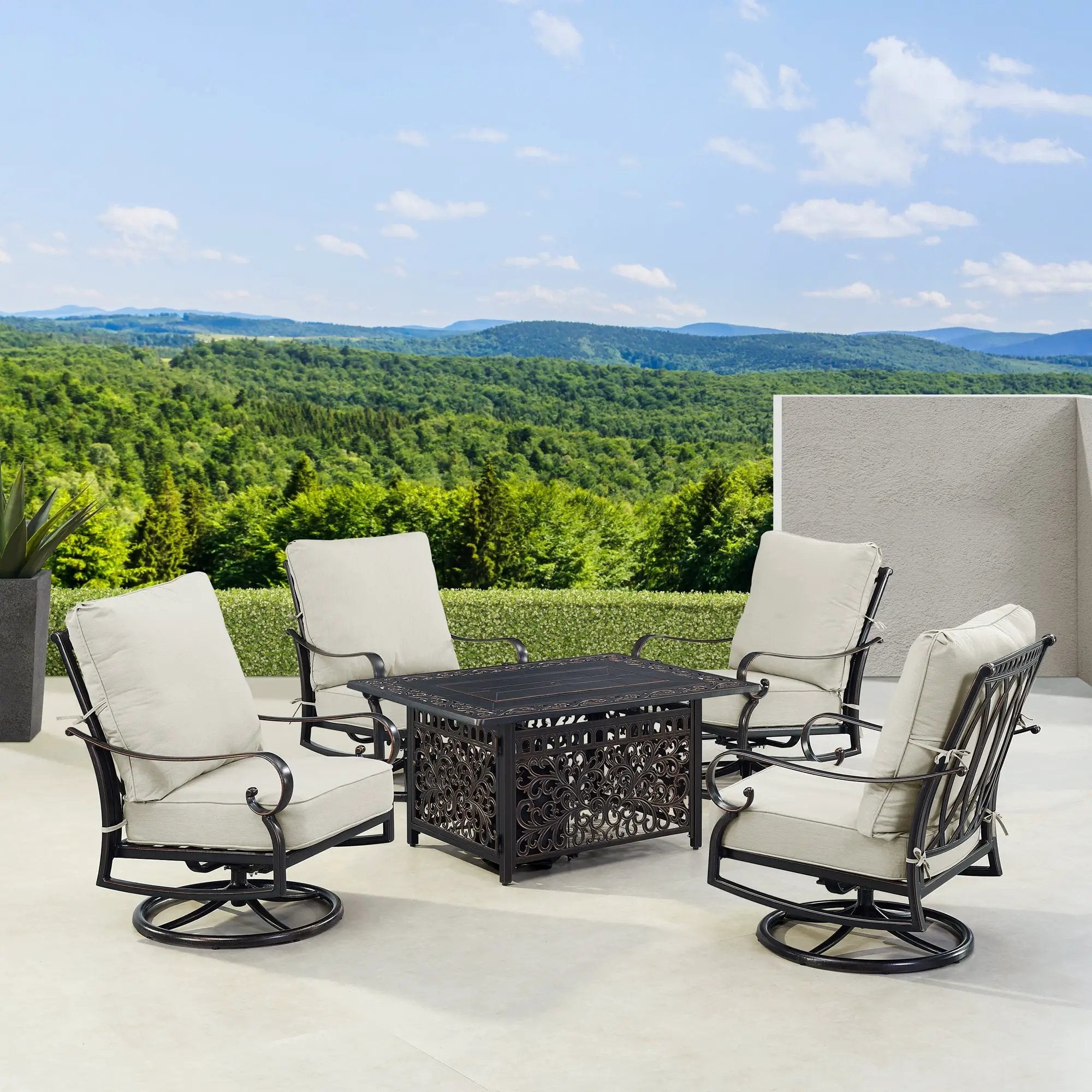 Black Aluminum Fire Table Set with Four Club Chairs by Sharicks