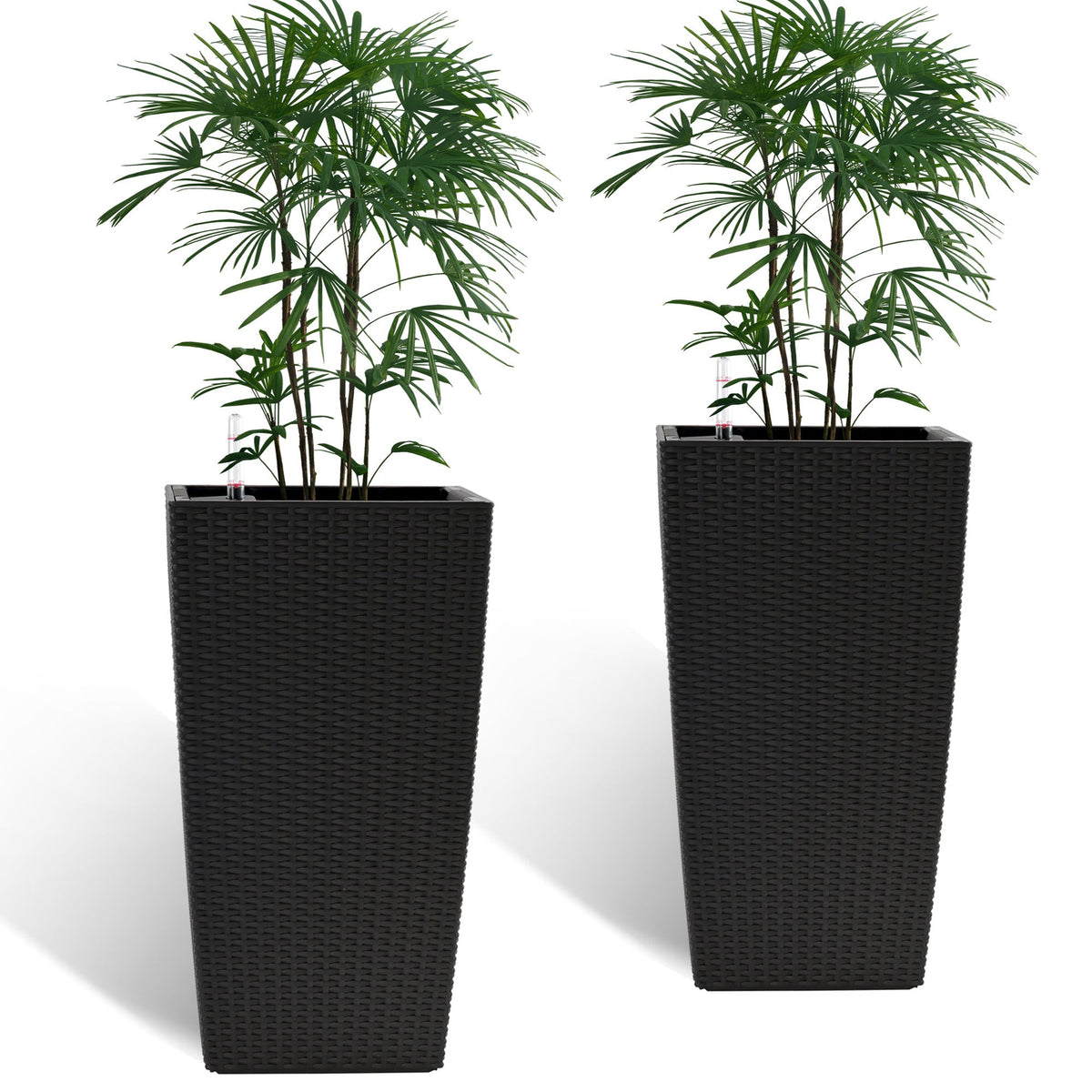 Square Planters with Automatic Watering System - Faux Rattan, Pack of 2