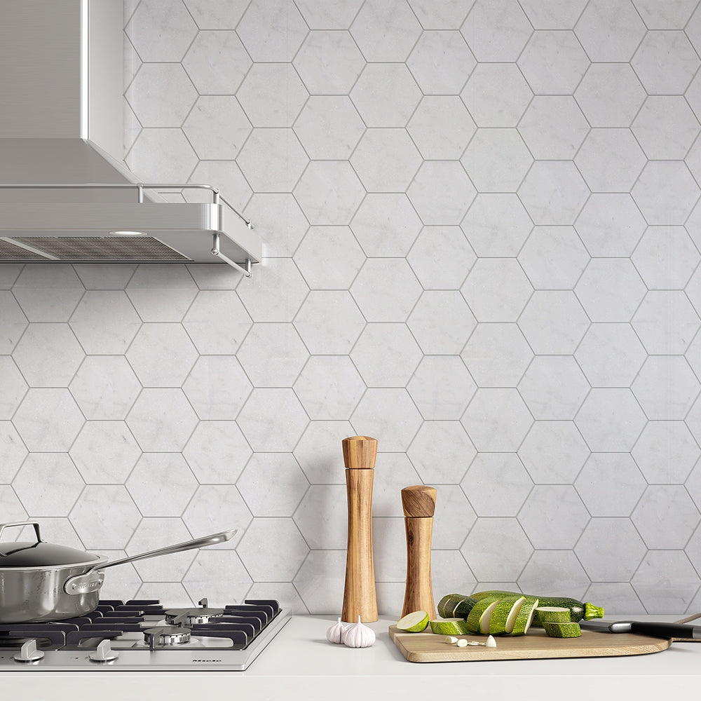 Avalon Polished Hexagon Marble Tiles 5 25/32x5 room scene