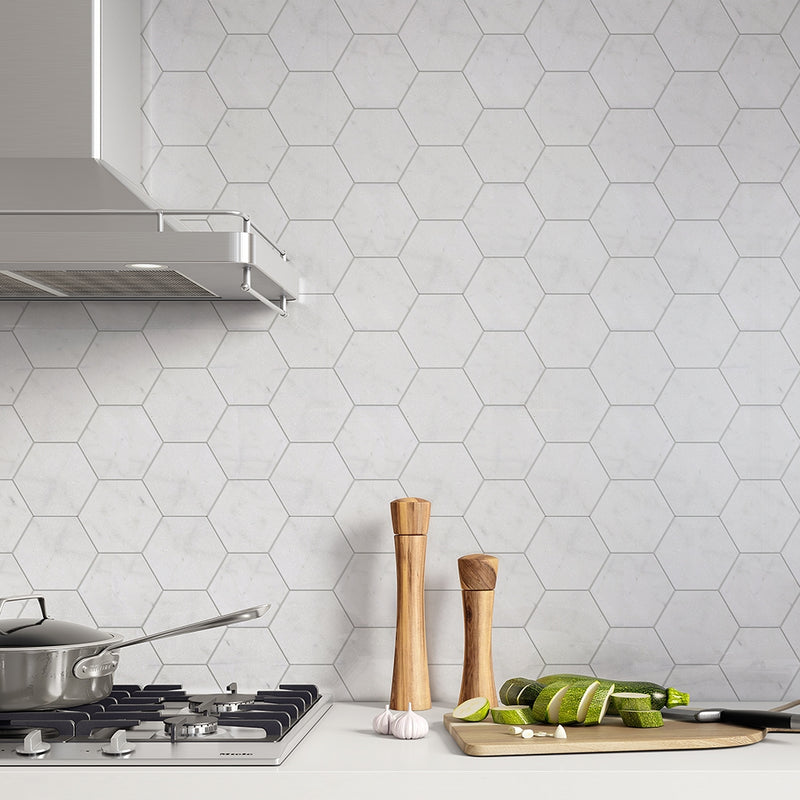 Avalon Polished Hexagon Marble Tiles 5 25/32x5 room scene