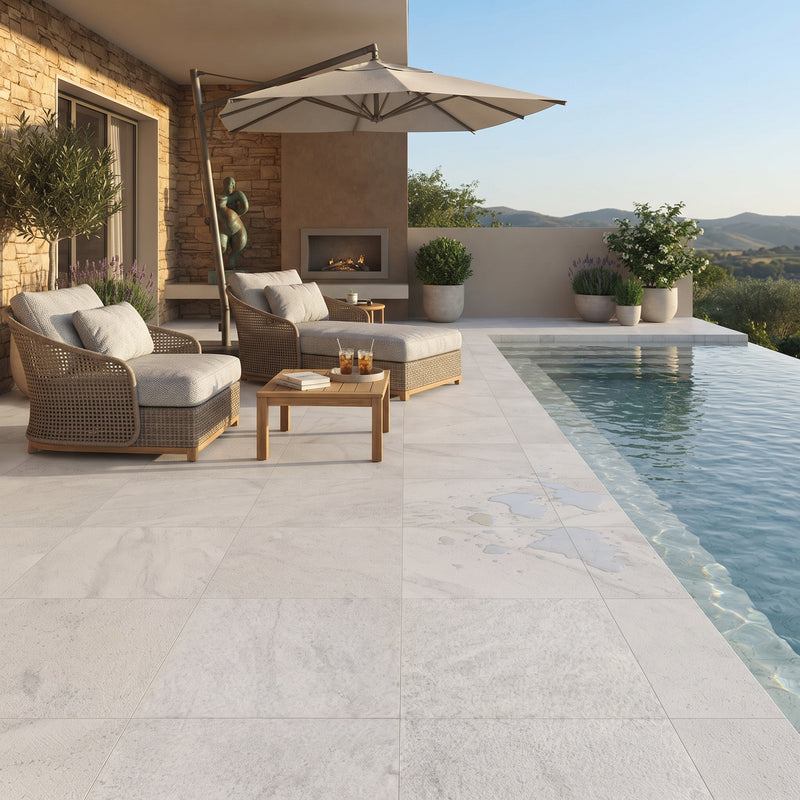 Light gray stone pavers on an outdoor patio next to a swimming pool, with wicker lounge chairs, a wooden coffee table, a large patio umbrella, and a modern fireplace in the background.
