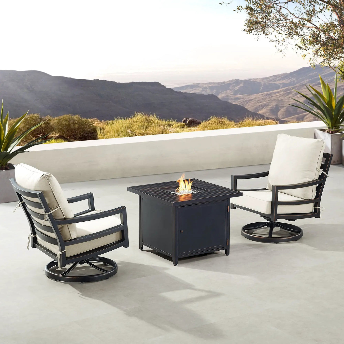 Black Aluminum Fire Table Bistro Set with Two Club Chairs by Sharicks