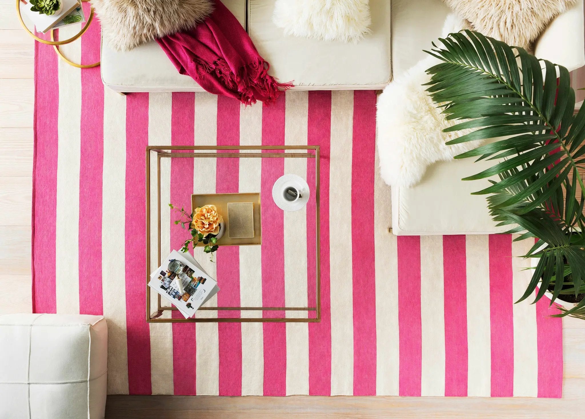 Friendsville Solid & Striped Ivory Pouf by Boutique Rugs