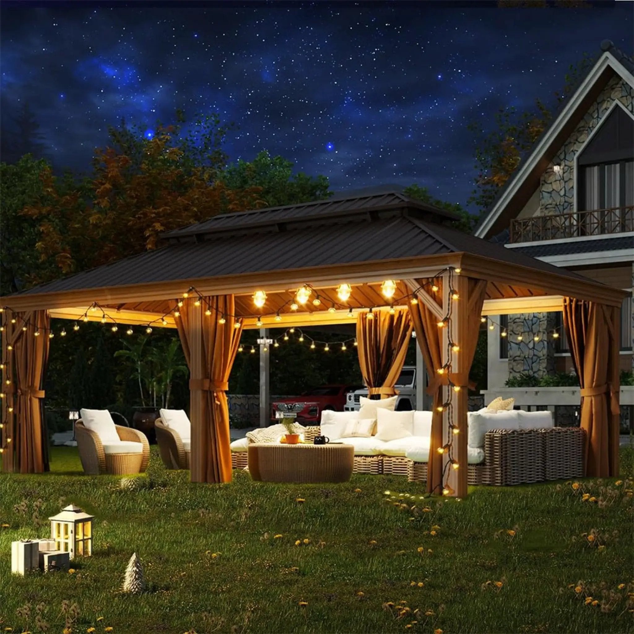 [12X20FT] Alora Premium Large Aluminum Hardtop Gazebo W/ Netting, Privacy Curtains And Wood Grain Finish (SAK58374) by SAKSBY WHOLESALE