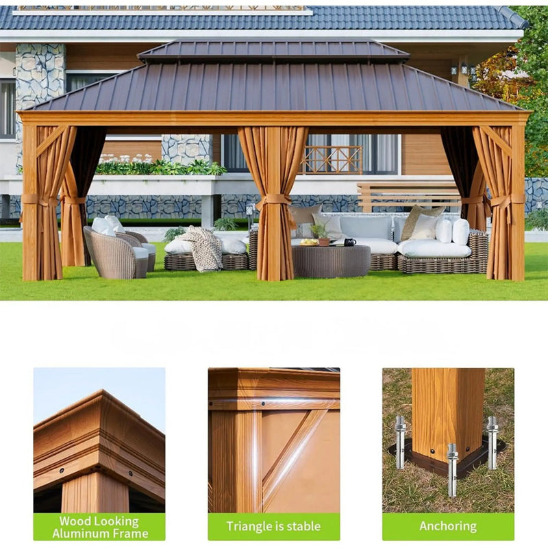 [12X20FT] Alora Premium Large Aluminum Hardtop Gazebo W/ Netting, Privacy Curtains And Wood Grain Finish (SAK58374) by SAKSBY WHOLESALE