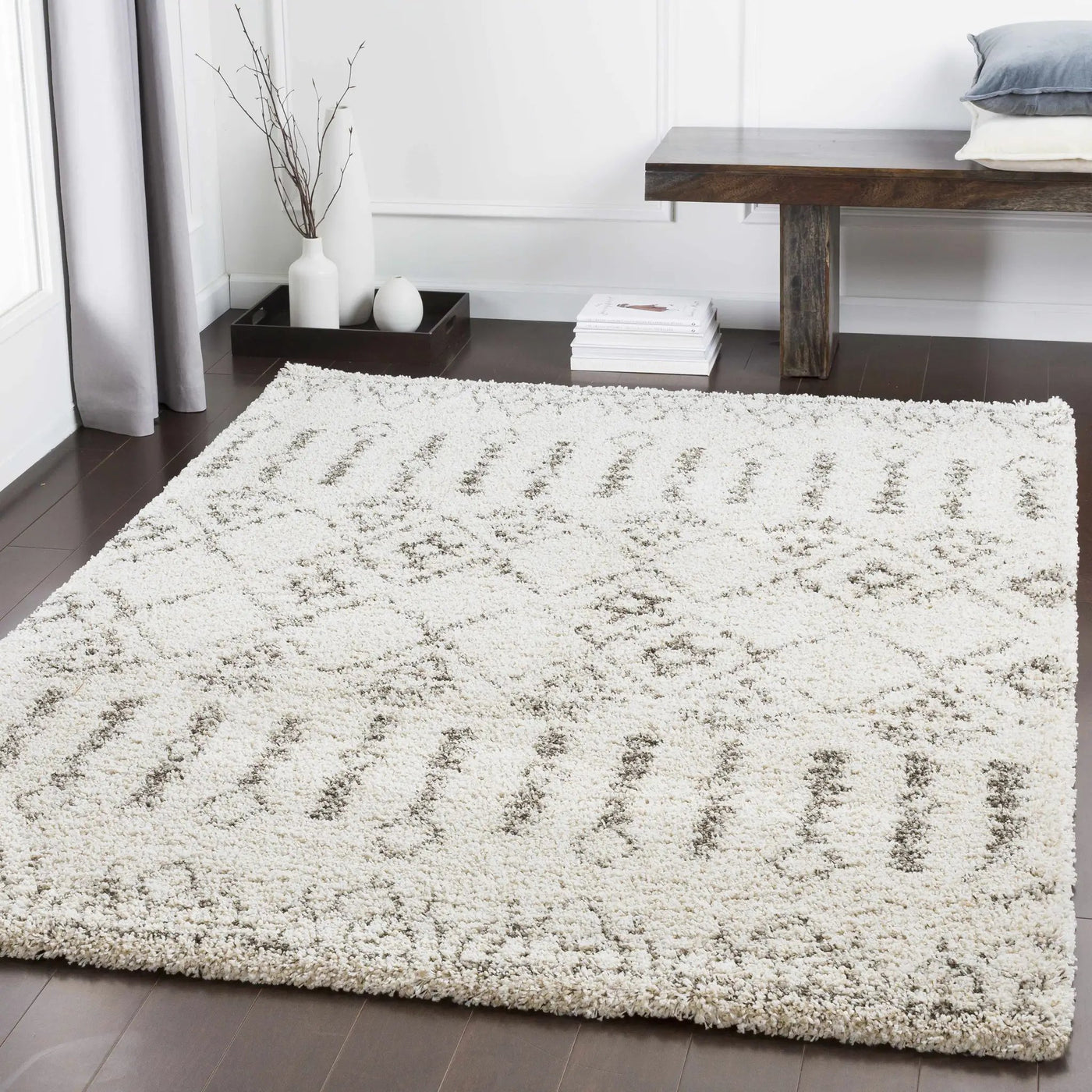 Aylett Beige Trellis Shag Rug - Clearance by Boutique Rugs