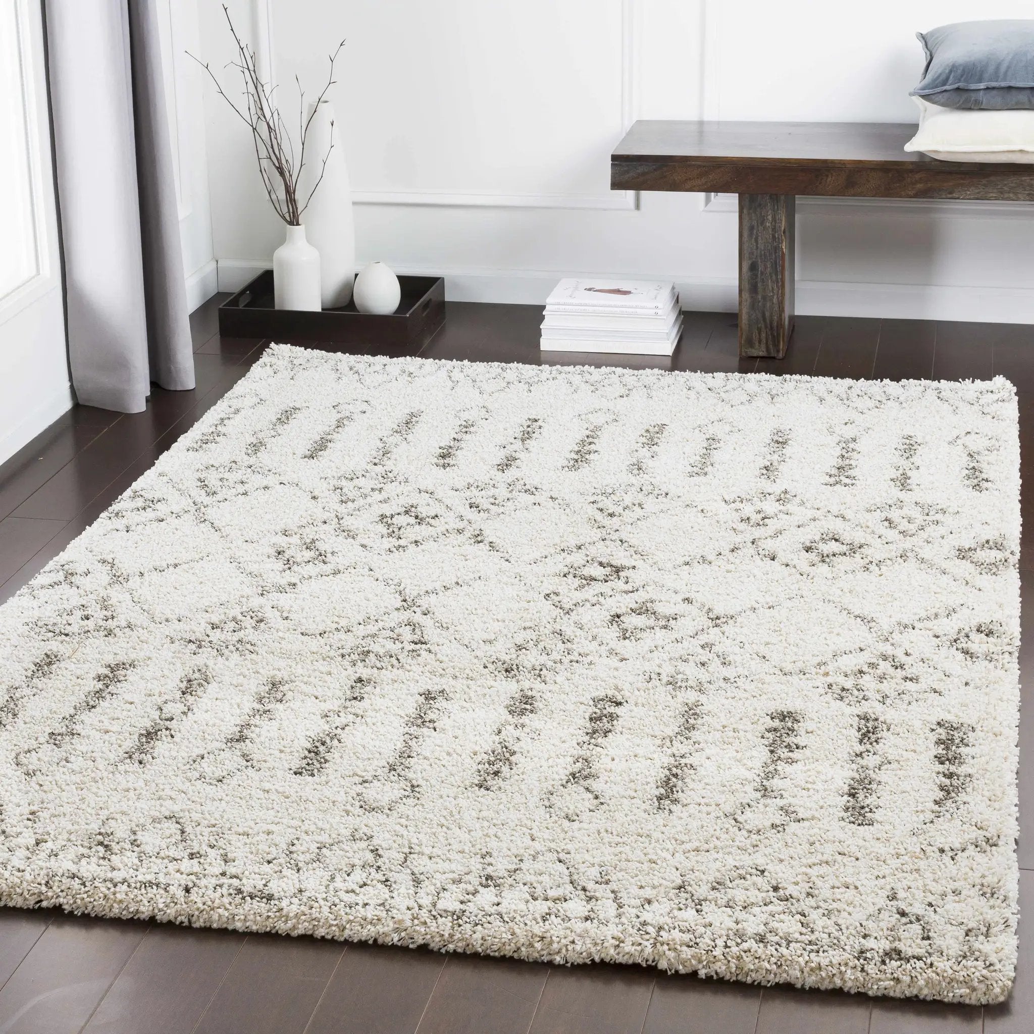 Aylett Beige Trellis Shag Rug - Clearance by Boutique Rugs