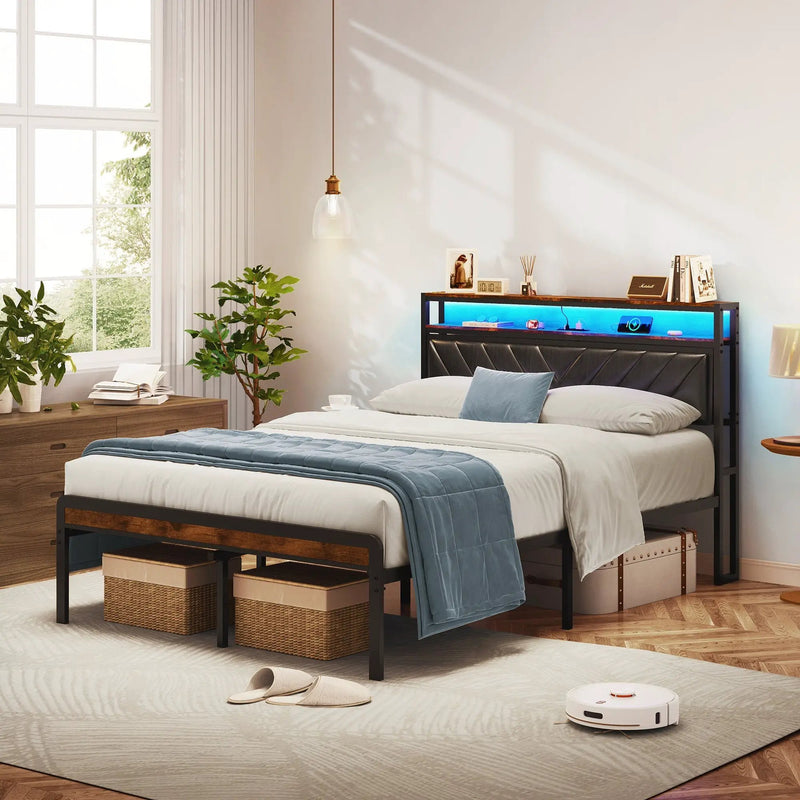 Full Size Metal Platform Bed Frame with Adjustable Upholstered Headboard by HouseOfZazla