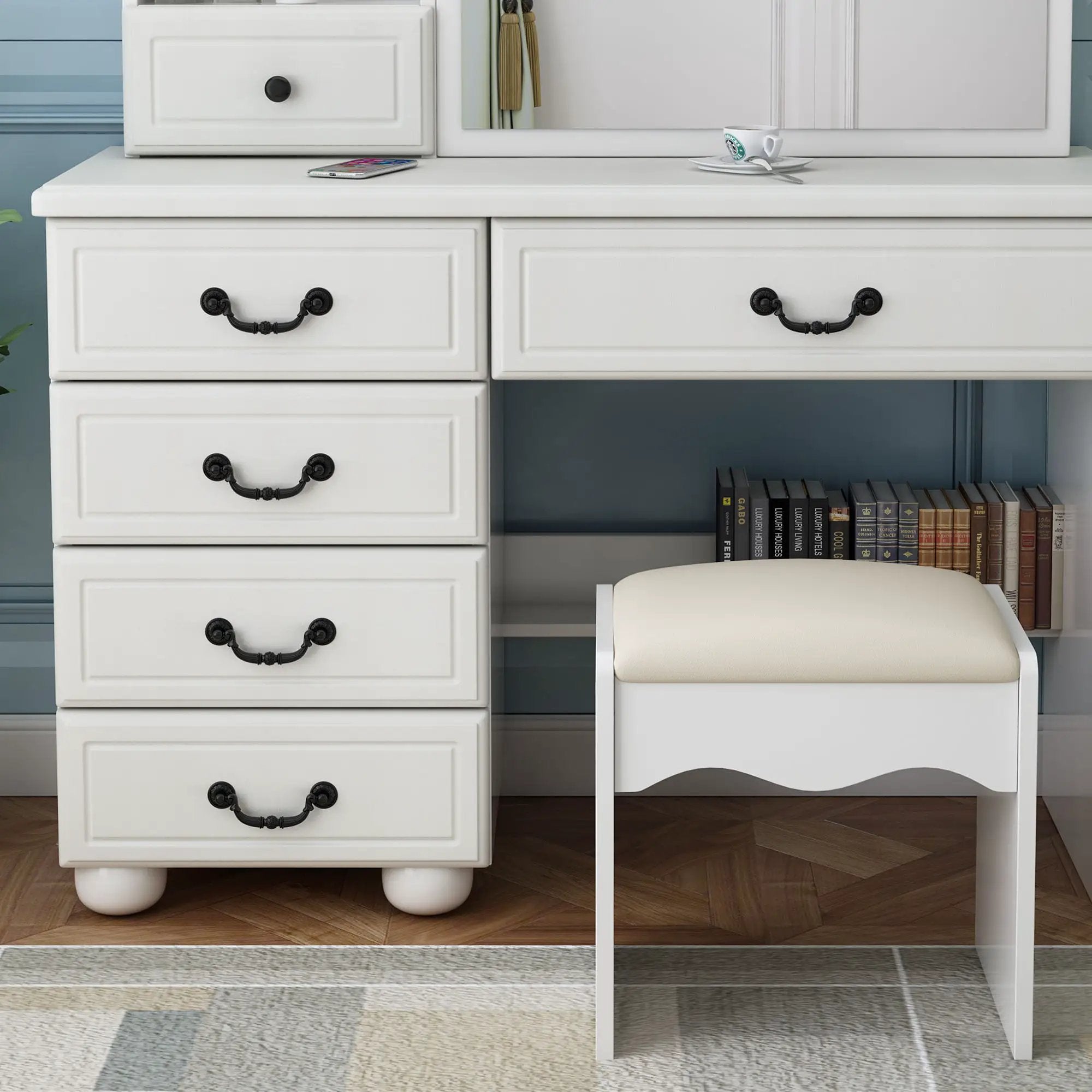 Fashion Vanity Desk With Mirror And Adjustable Lighting, 6 Drawers, 3 Color Light Modes - White by Unique Piece Furniture