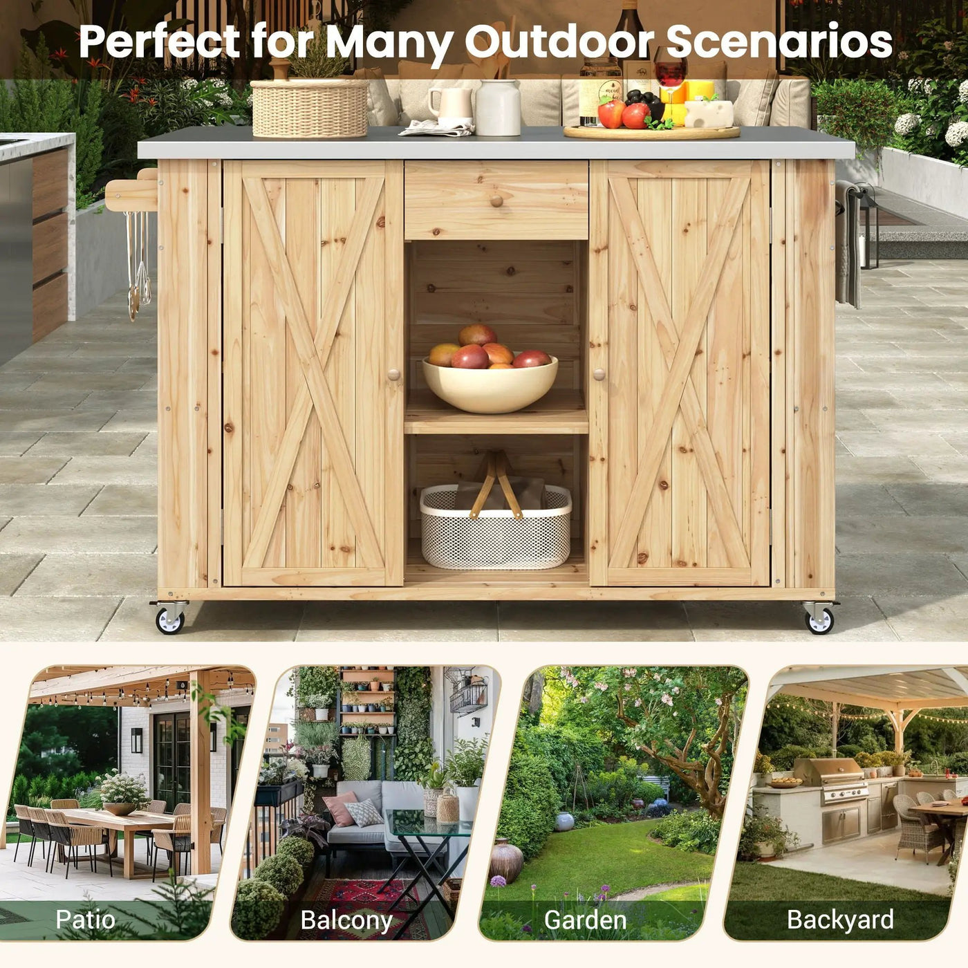 Outdoor Kitchen Island With Stainless Steel Top, Ample Storage Space, Towel And Spice Racks And A Bottle Opener by Unique Piece Furniture