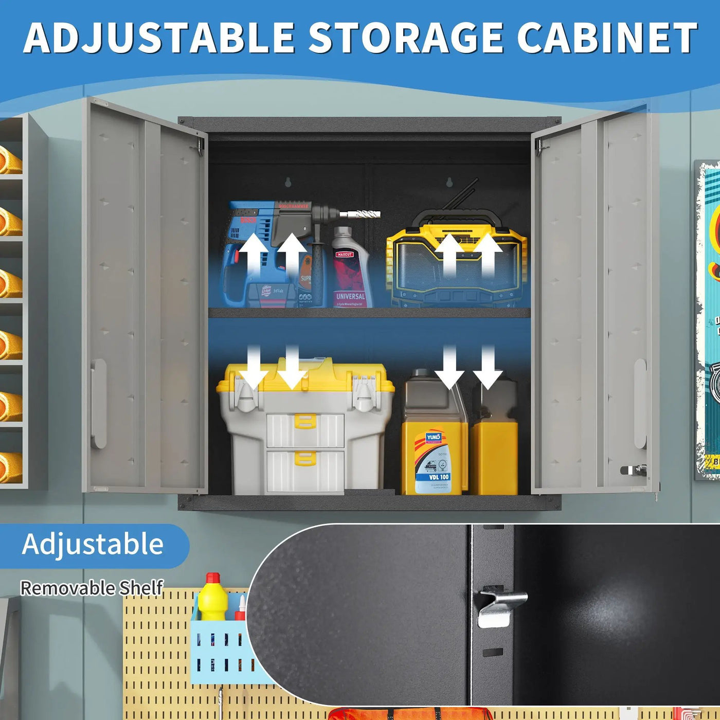Metal Wall Mounted Tool Storage Cabinet With 2 Locking Doors, Adjustable Shelf, And Drawer by HouseOfZazla