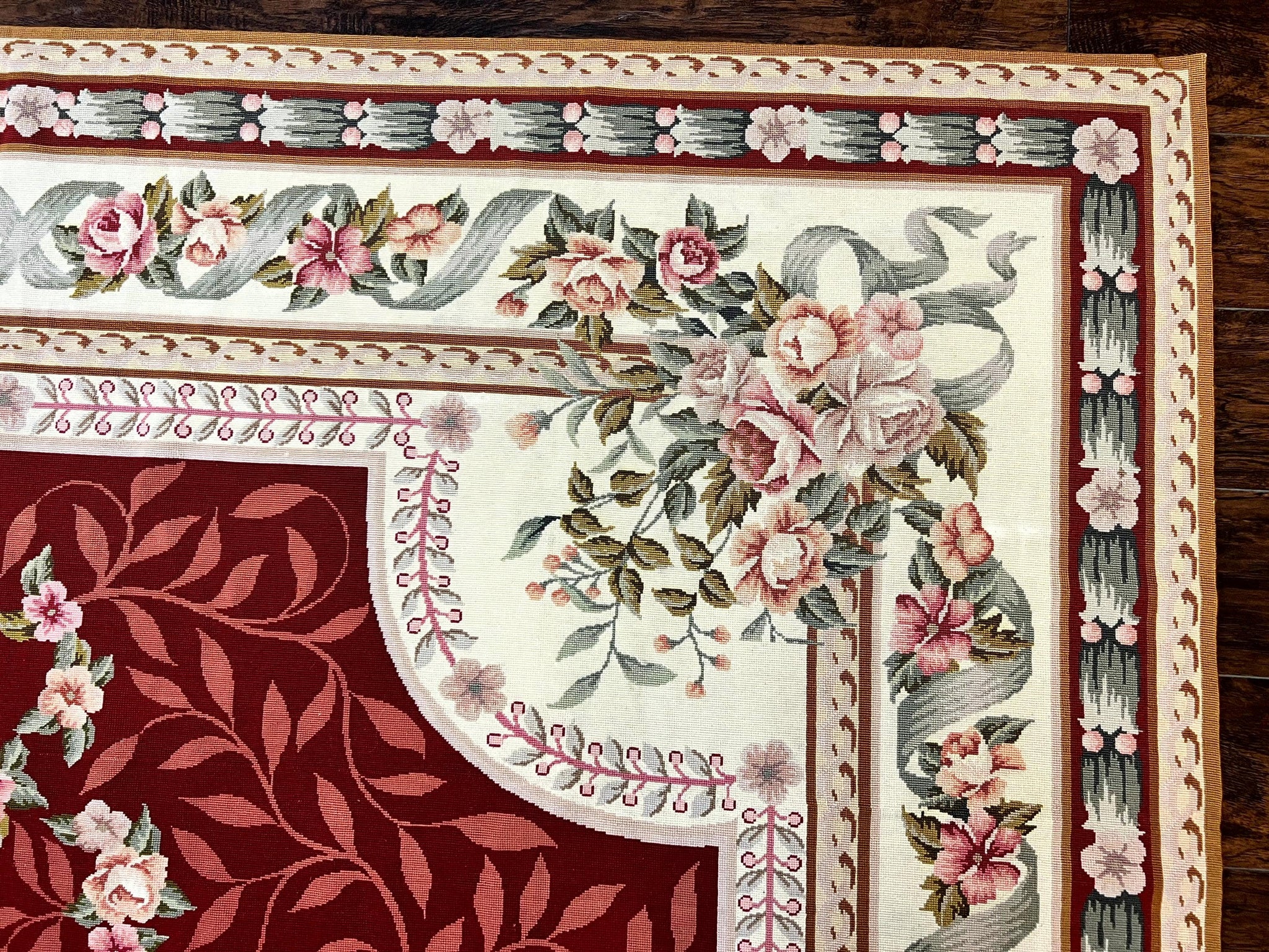 Wonderful Aubusson Rug 9x12, Handmade Vintage Needlepoint Carpet, Red and Ivory, Elegant European Design, Wool by Jewel Rugs