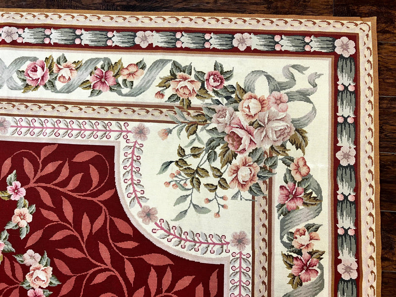 Wonderful Aubusson Rug 9x12, Handmade Vintage Needlepoint Carpet, Red and Ivory, Elegant European Design, Wool by Jewel Rugs
