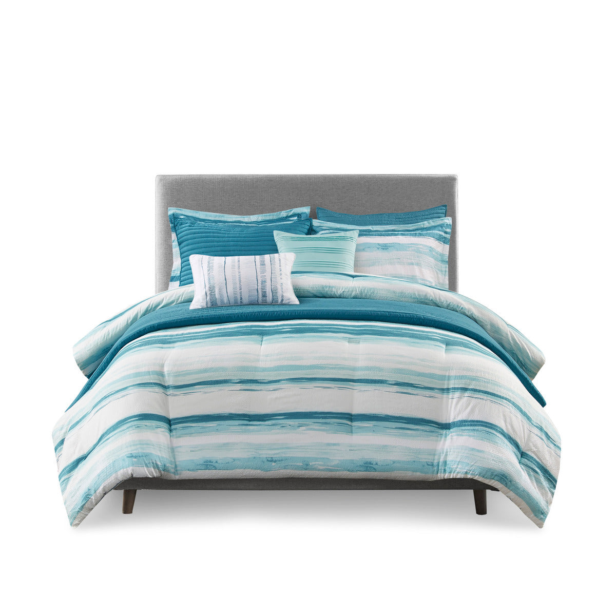 8 Piece Printed Seersucker Comforter and Quilt Set Collection Aqua Full/Queen by HouseOfZazla