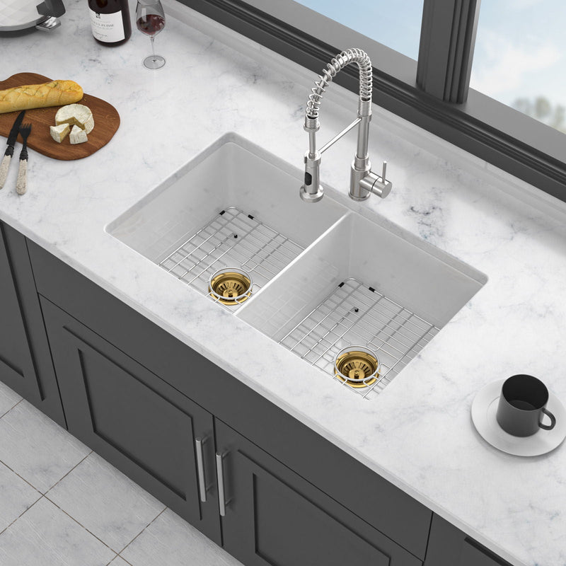32" Undermount Double Bowl Kitchen Sink Rectangular Deep Dual Bas With Grids - White by HouseOfZazla