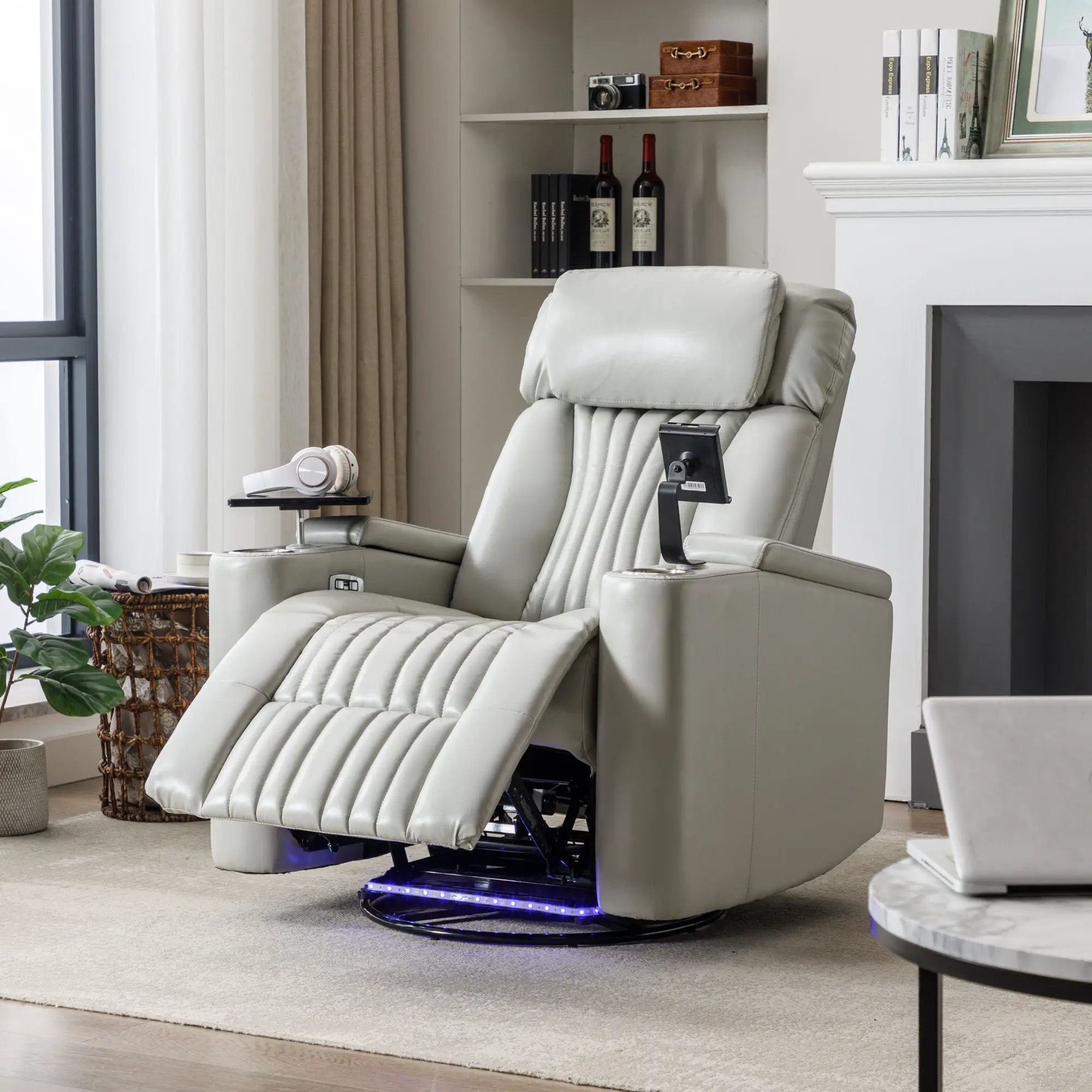 270° Power Swivel Recliner Home Theater Chair With Hidden Arm Storage, LED Light, Cup Holder, And Tray Table by HouseOfZazla