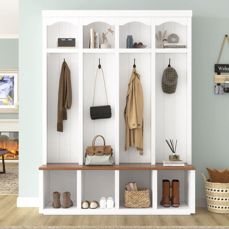 Entryway Hall Tree With Bench, 4 Hooks & Open Storage Space by HouseOfZazla
