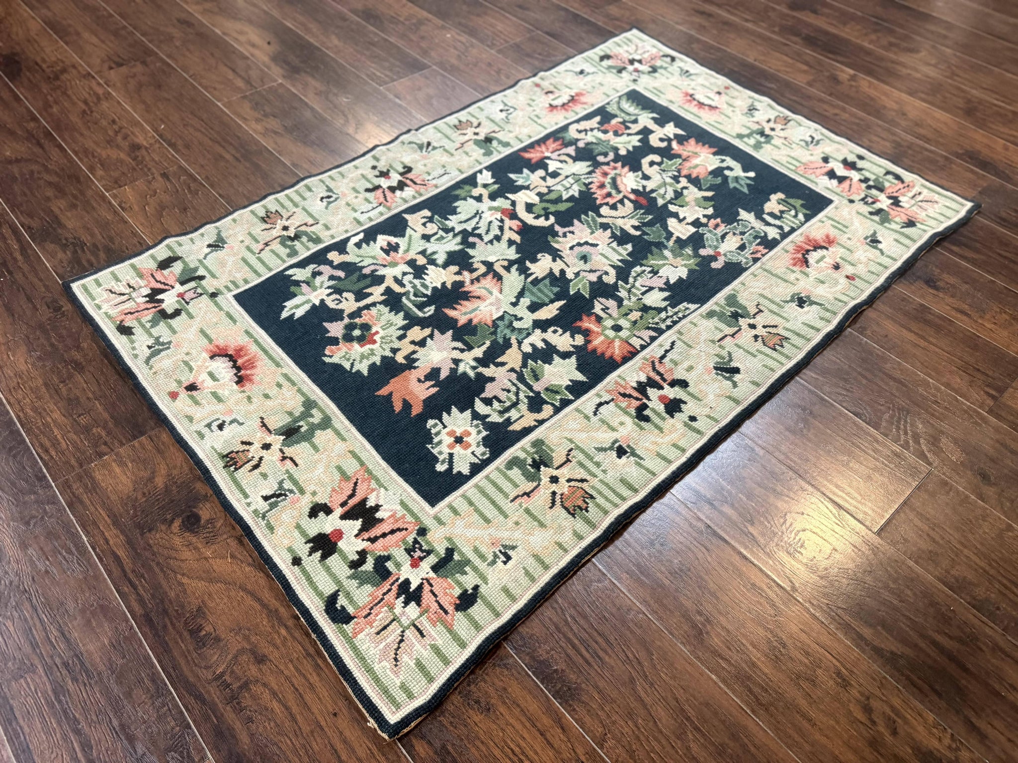 Vintage American Needlepoint Rug 4x6, Dark Green, Wool, Handmade, Flatweave Carpet by Jewel Rugs