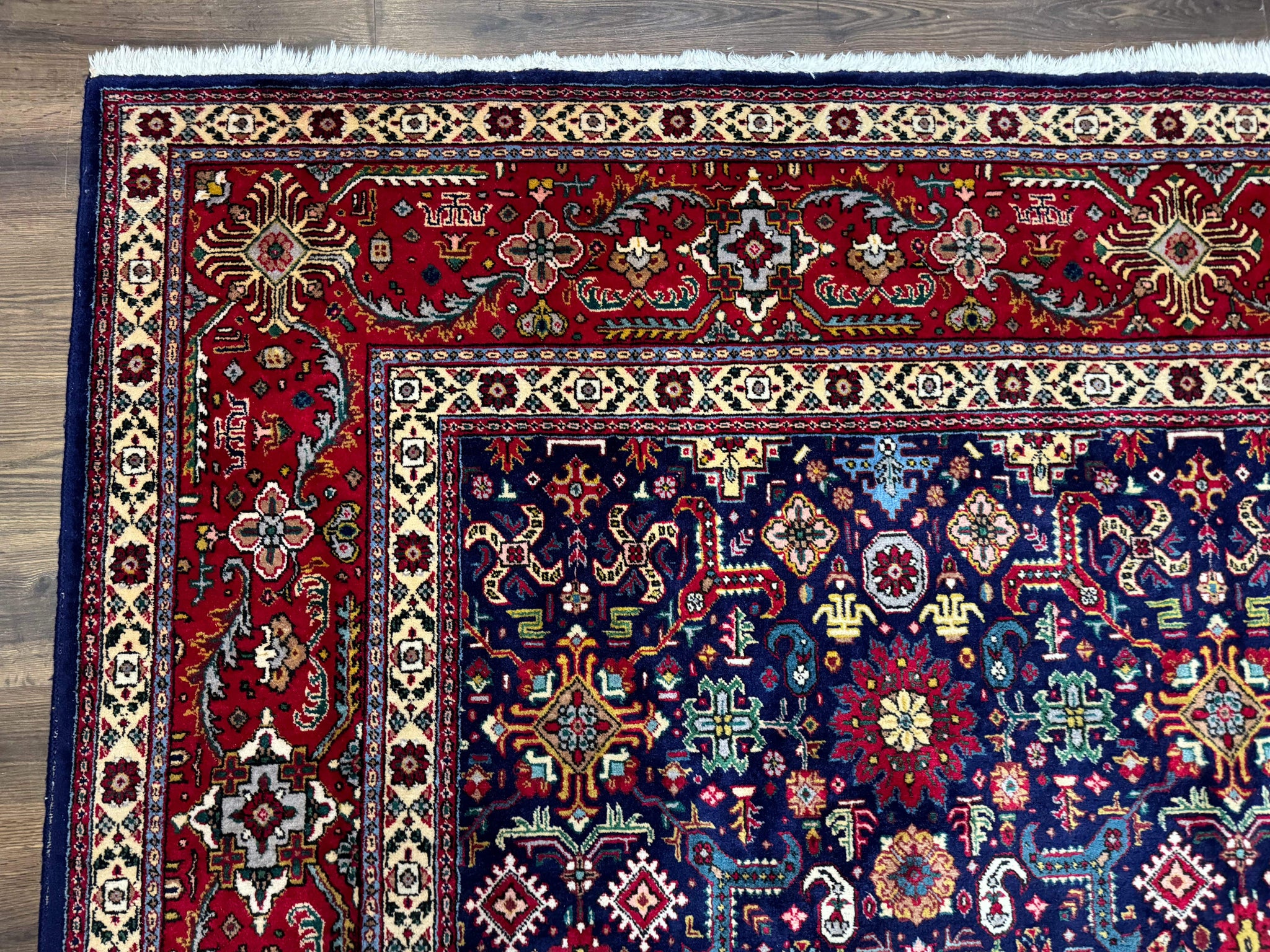 Large Persian Tabriz Rug 10x16, Navy Blue and Red, Allover Pattern, Vintage Hand Knotted Wool Carpet by Jewel Rugs