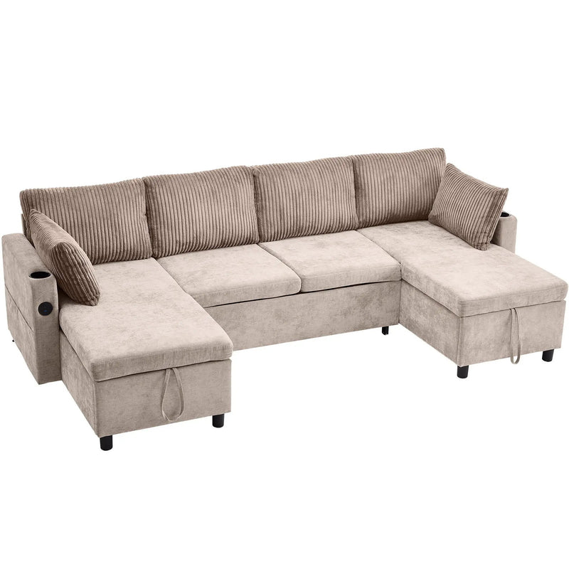 Sectional Sofa Bed With Pull Out Sleeper, USB Ports, Cup Holders by HouseOfZazla