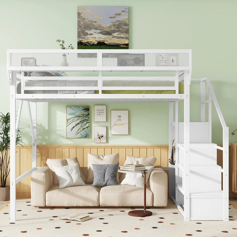 Queen Size Loft Bed with Stairs, Metal Queen Loft Bed with Storage Shelves by HouseOfZazla