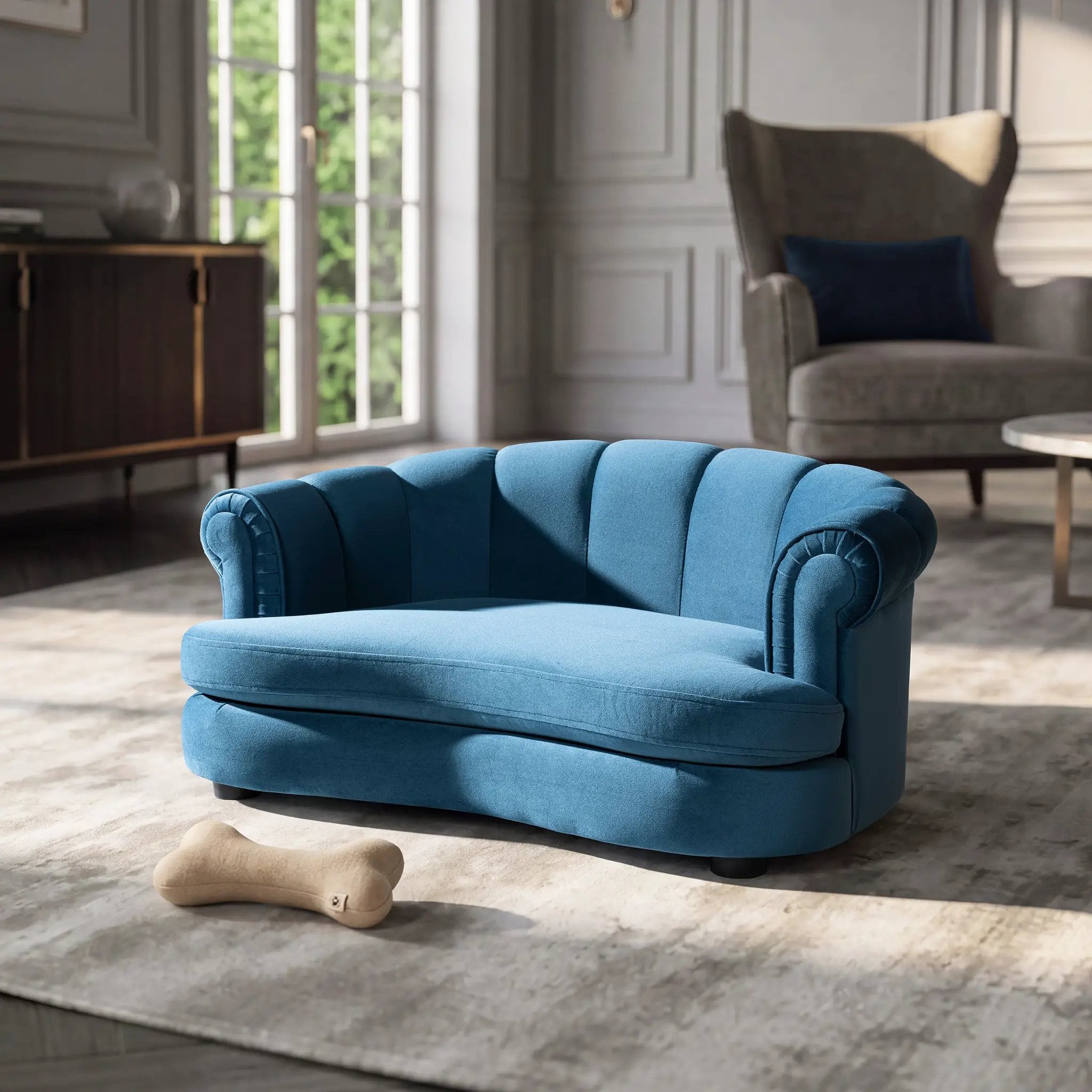 Halle 35.5" Rolled Arm Channel-Tufted Dog Sofa Bed, Medium, Satin by HouseOfZazla