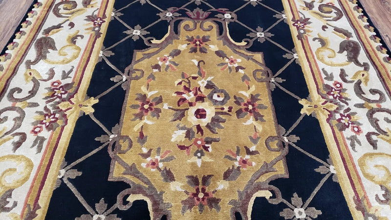 Nepal Rug 6x9, Nepalese Aubusson Area Rug 6 x 9, Hand-Knotted Wool Soft Pile Black & Beige Tibetan Aubusson New Carpet European Savonnerie by Jewel Rugs