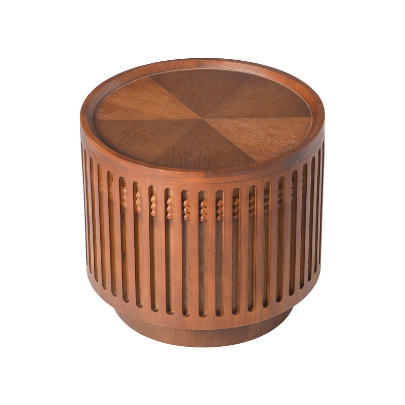 18.9" Round Wooden Side Table with Cylinder Lattice Design by HouseOfZazla