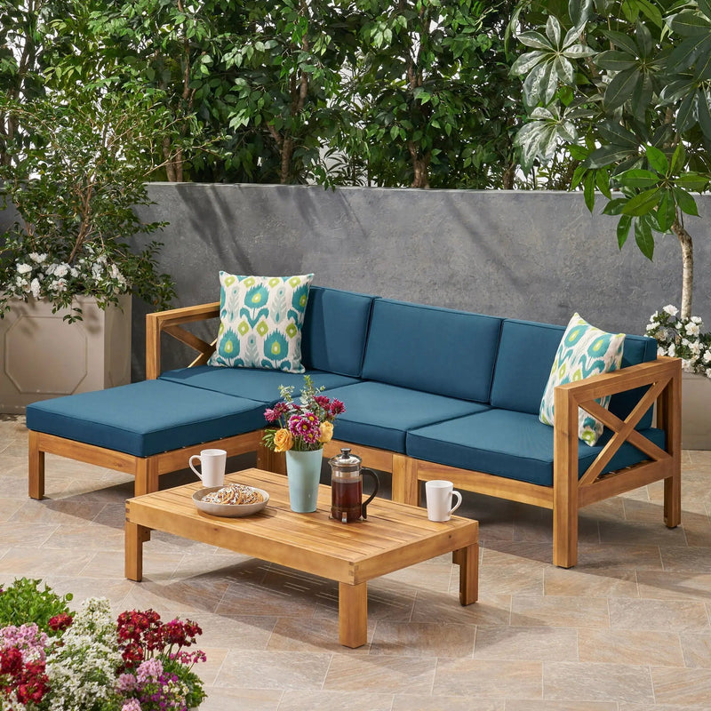 Radiat 5 Piece Outdoor L Shaped Sofa Set with Coffee Table and Water Resistant Cushions - Teak by HouseOfZazla