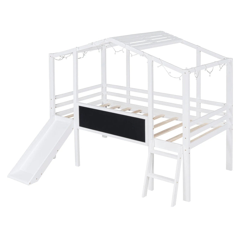 Loft House Bed With Ladder And Slide, With board And Light Strip On The Roof by Unique Piece Furniture
