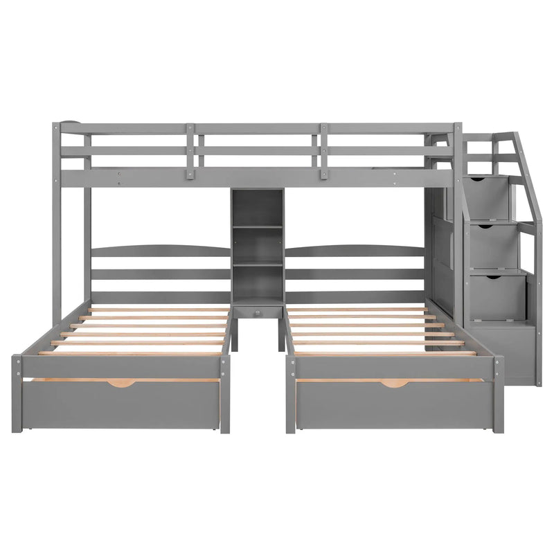 Twin Over Twin & Twin Bunk Bed With Drawers, Staircase Storage, Built In Shelves - Gray by HouseOfZazla