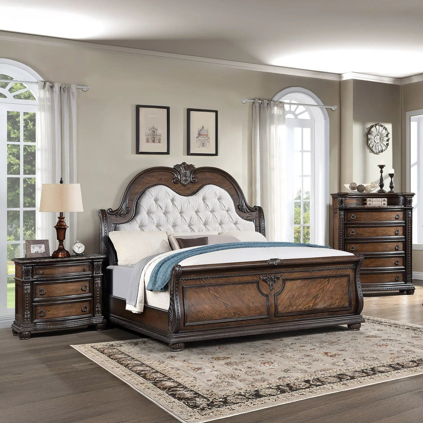 Traditional Style Button Tufted Headboard Sleigh Bed by Unique Piece Furniture