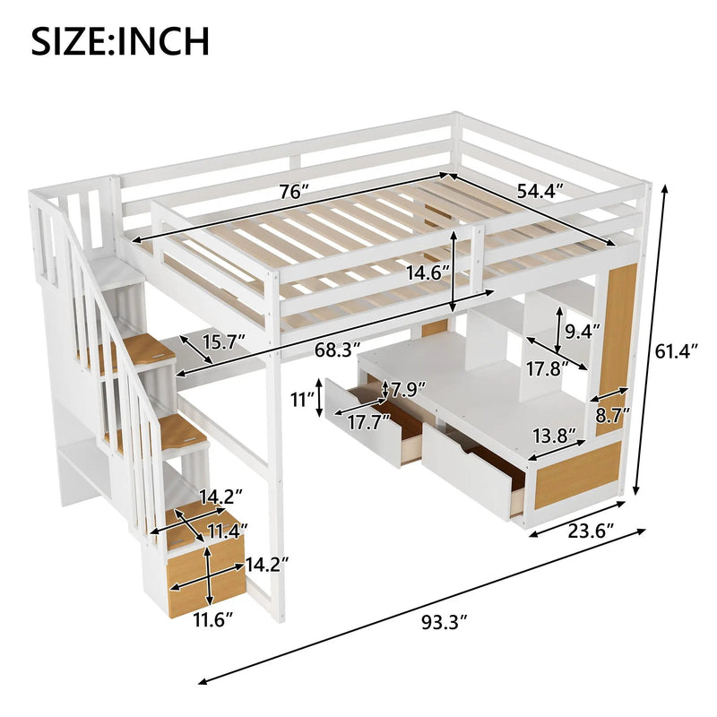 Full Size Loft Bed With Desk And Shelves, 2 Built In Drawers, Storage Staircase - Natural / White by HouseOfZazla