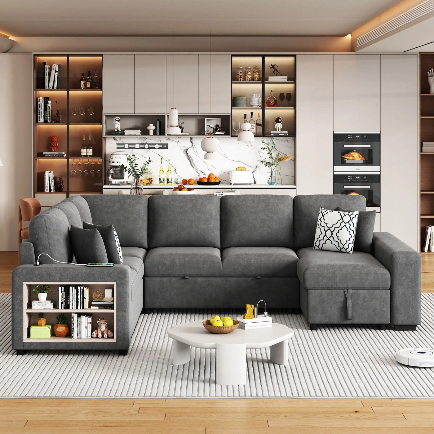 U-Shaped Sectional Sofa Pull-Out Sofa Bed With Two USB Ports, A Storage Chaise Lounge And Four Back Pillows For Living Room by Unique Piece Furniture