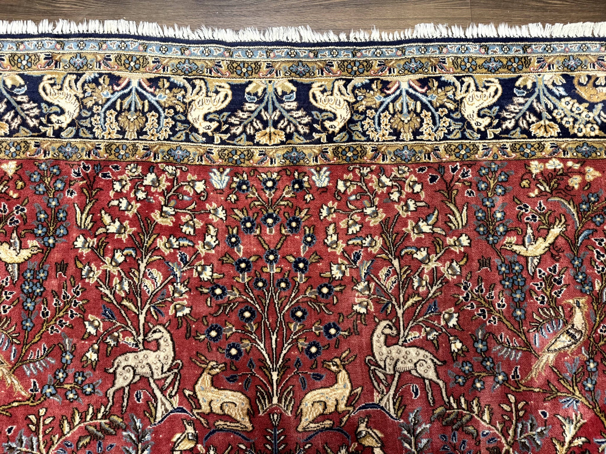 Persian Qum Rug 9x12, Animal Pictorials, Deer Birds, Tree of Life, Red and Navy Blue by Jewel Rugs