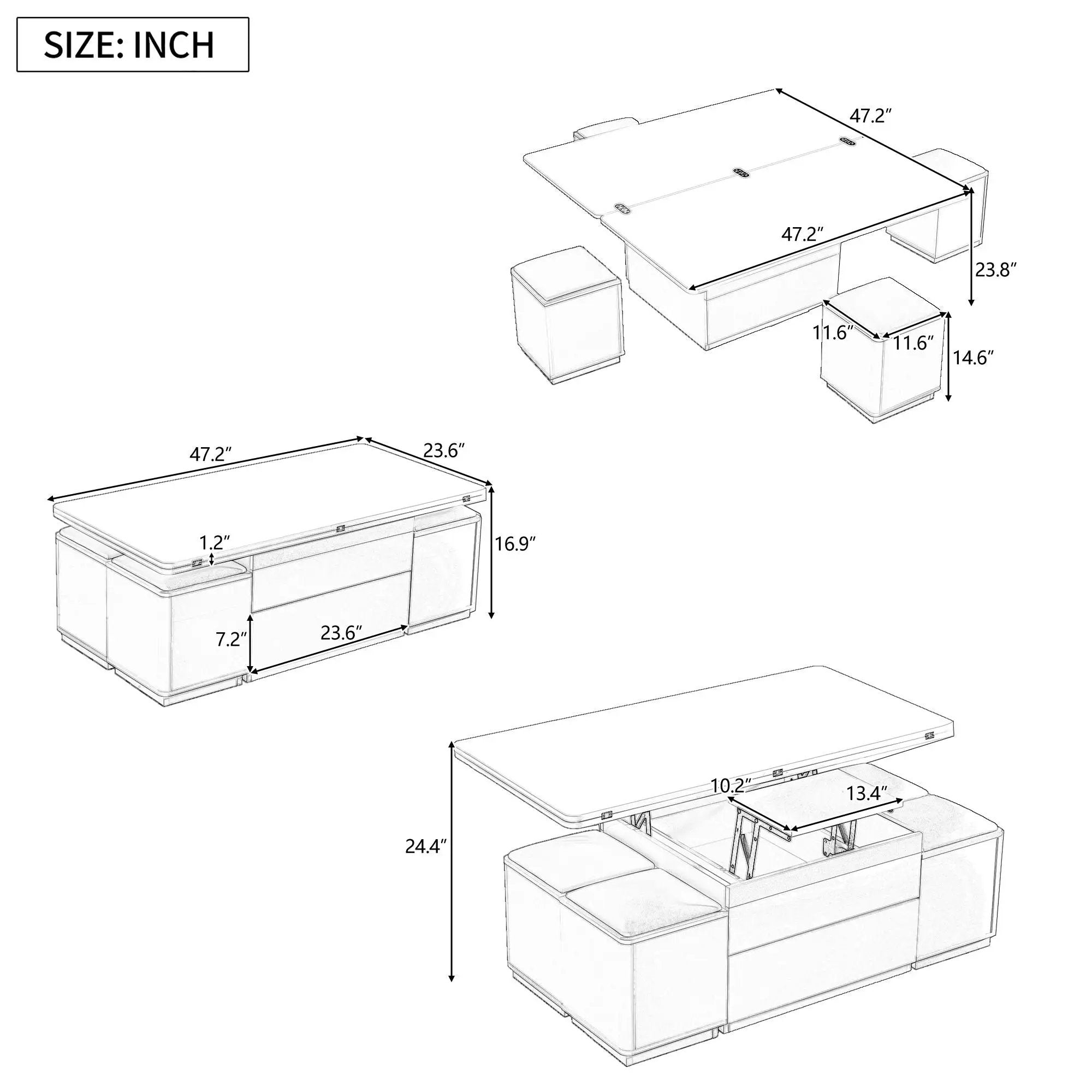Lift Top Coffee Table With 4 Storage Stools by Unique Piece Furniture