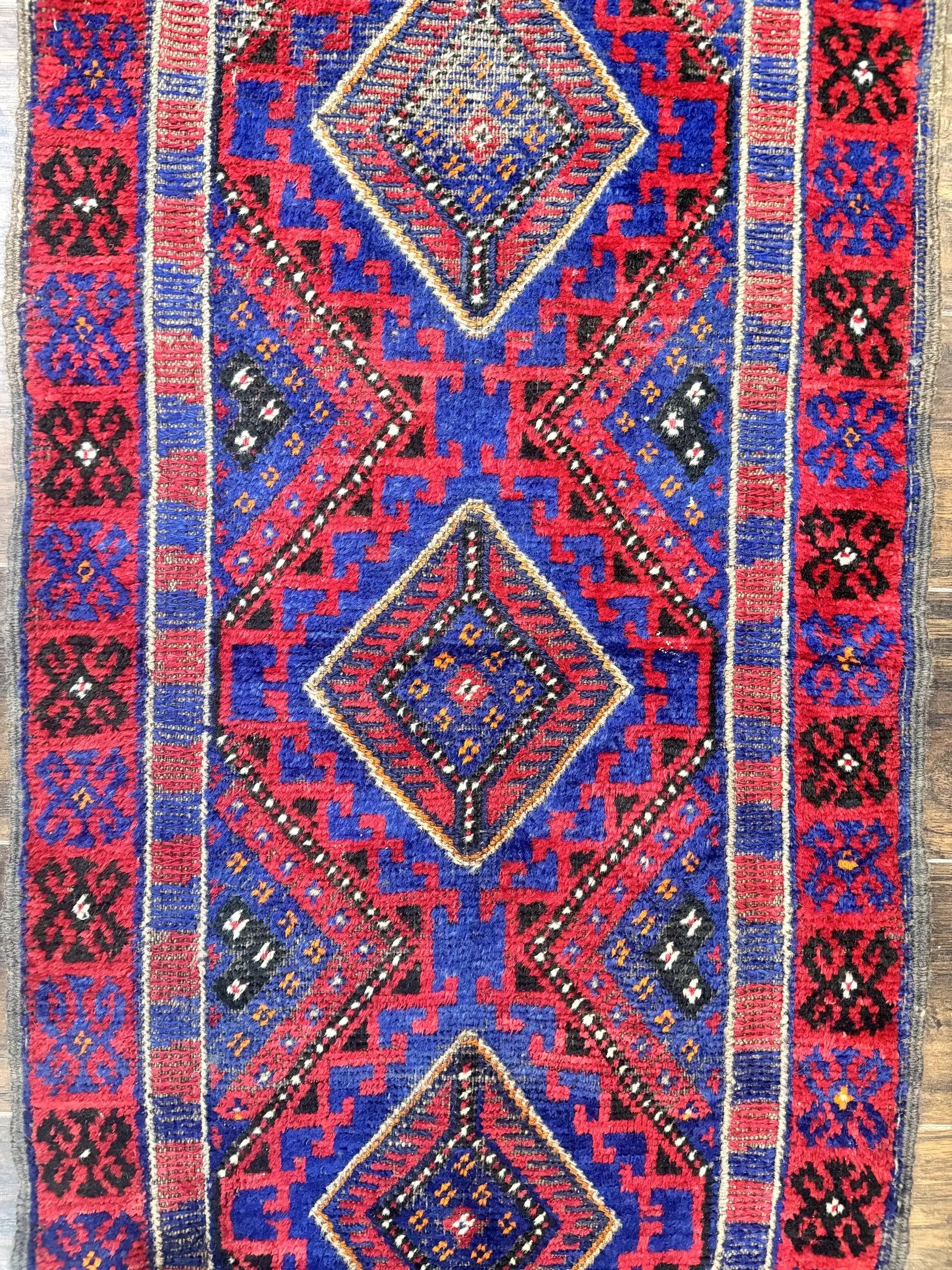 Turkoman Runner Rug 2 x 8.6, Skinny Runner, Handmade Wool Carpet for Hallway, Red and Blue, Wool, Vintage 8ft Runner by Jewel Rugs