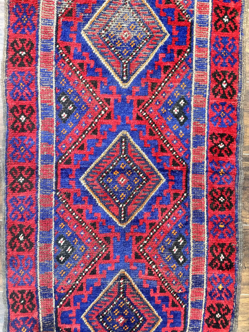Turkoman Runner Rug 2 x 8.6, Skinny Runner, Handmade Wool Carpet for Hallway, Red and Blue, Wool, Vintage 8ft Runner by Jewel Rugs