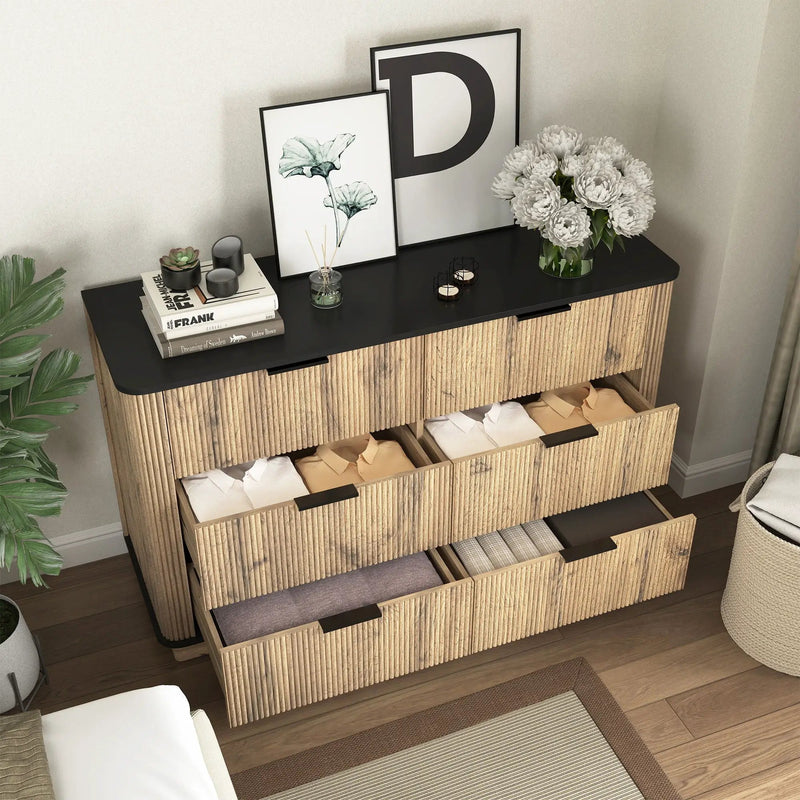 Modern 6 Drawer Cabinet With Metal Rounded Corners And Exquisite Handles Multi Functional Storage - Natural Wood by HouseOfZazla