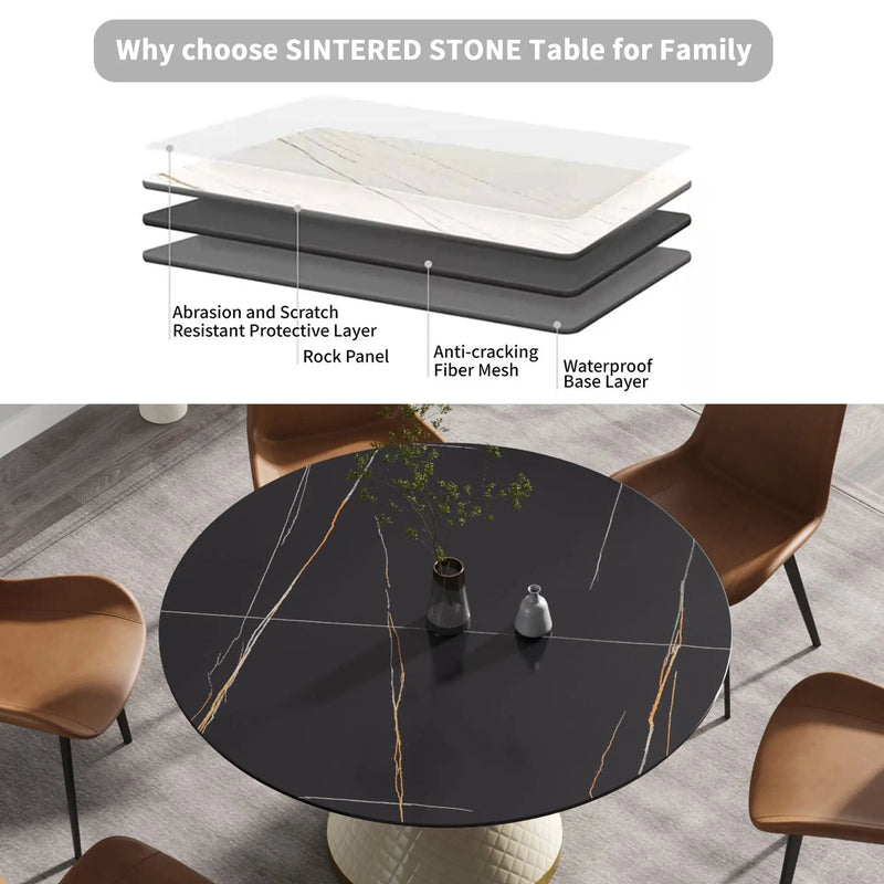 53.15" Modern Artificial Stone Round Carbon Steel Base Dining Table, Can Accommodate 6 People - Black / White by HouseOfZazla