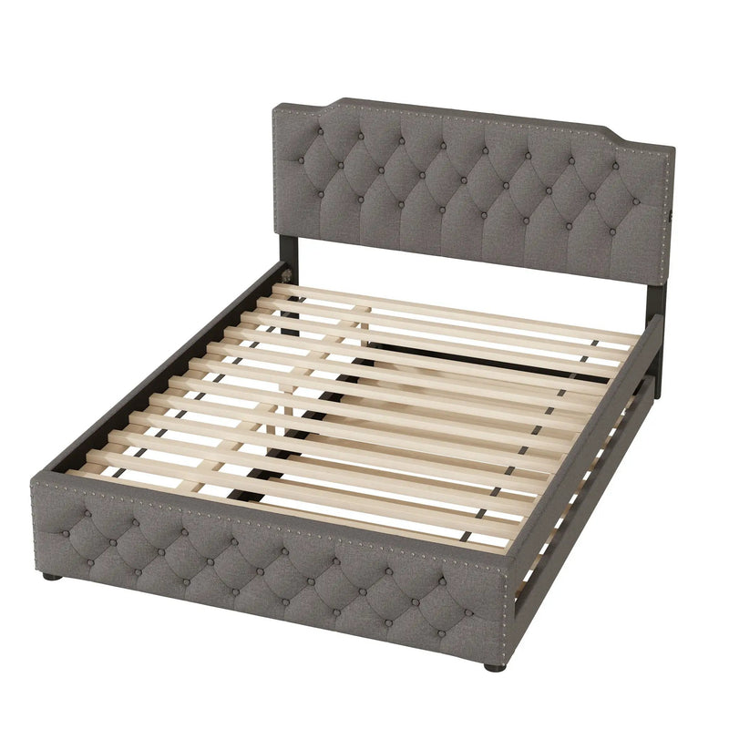 Upholstered Platform Bed With Trundle And 2 Sets Of USB Ports On Each Side, Fabric by HouseOfZazla