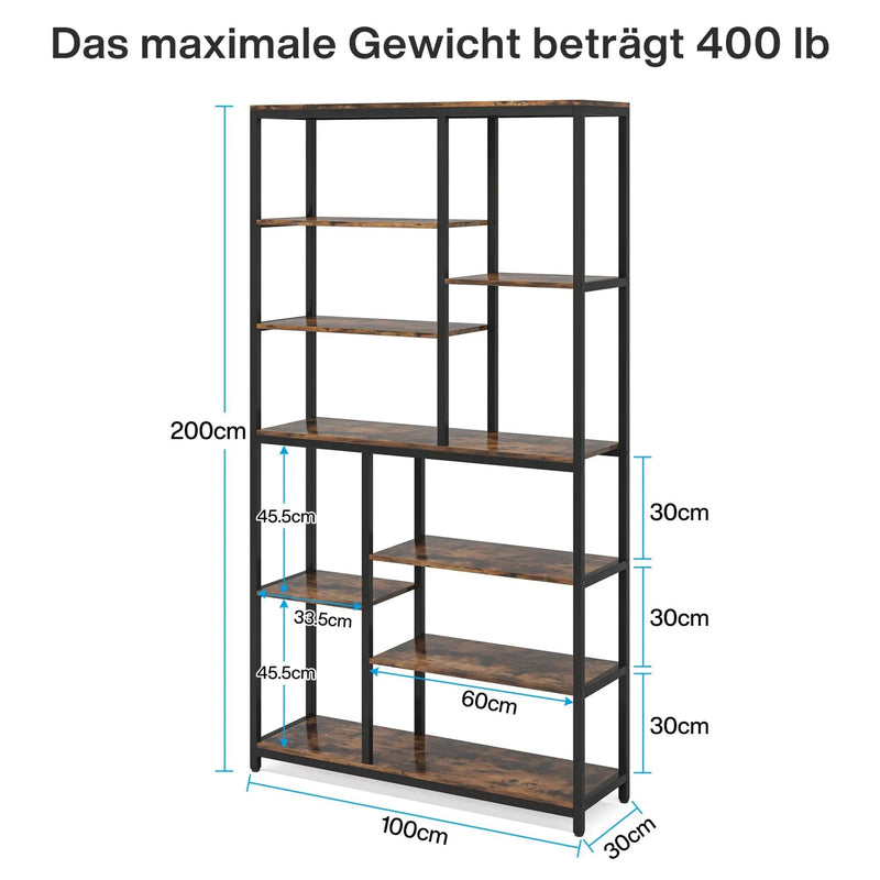 Extra Tall 8 Tier Staggered Etagere Bookcase With 8 Shelves Organizer For Living Room - Rustic Brown by HouseOfZazla